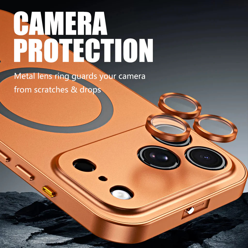 Close-up of the metal camera lens rings on an orange case