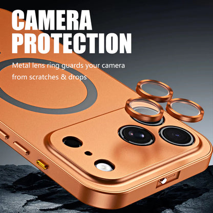 Close-up of the metal camera lens rings on an orange case