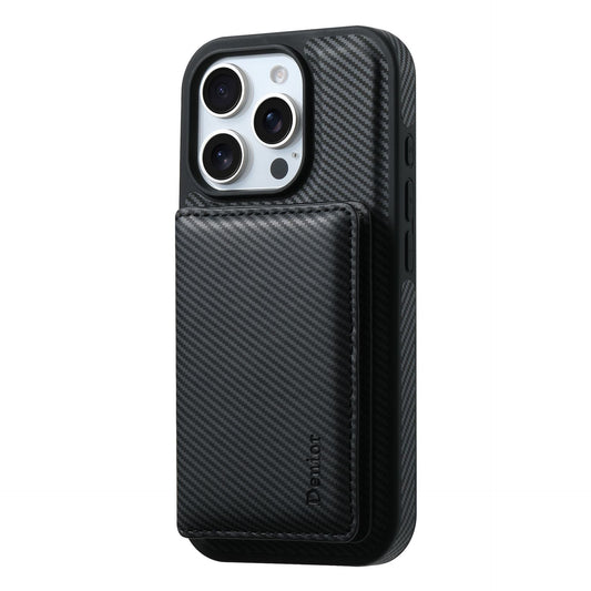 Black carbon-fiber pattern iPhone 16 Pro Max case with magnetic card wallet attached