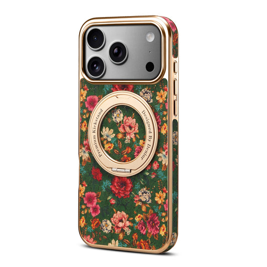 Dark green floral iPhone 17 Pro Max case with gold-tone rotating ring stand, back view