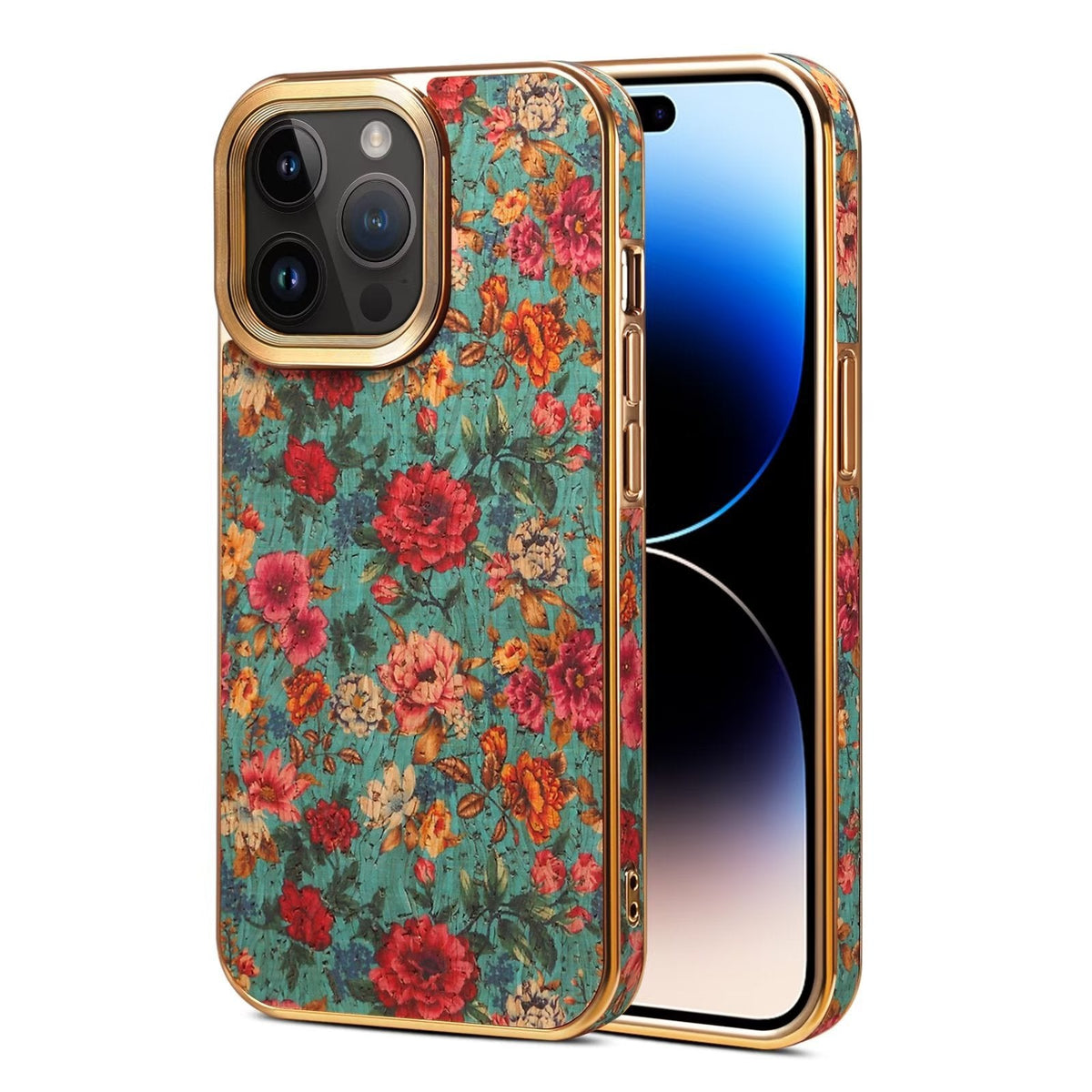 Teal floral print iPhone case with gold-tone camera frame