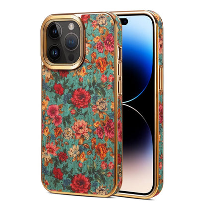 Teal floral print iPhone case with gold-tone camera frame