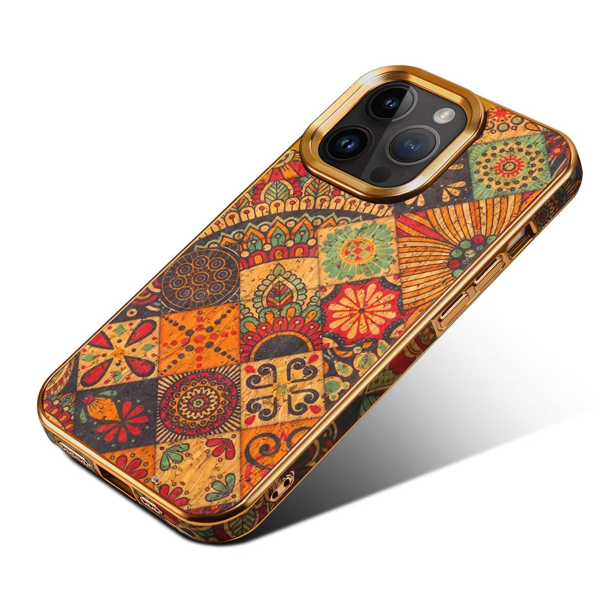 Bohemian patchwork case lying at an angle, showing the raised camera frame