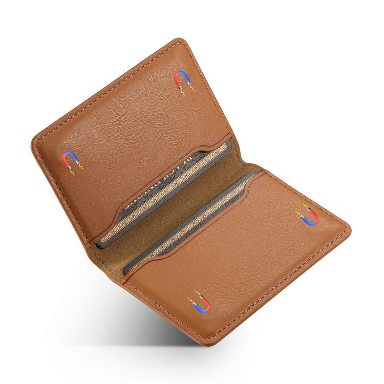 Tan bifold card holder opened to show the inner card slots