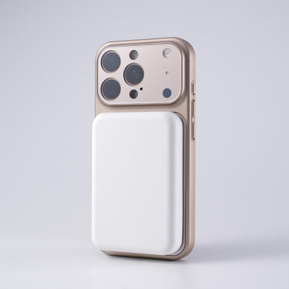 Titanium gold slim iPhone case with a magnetic battery pack attached