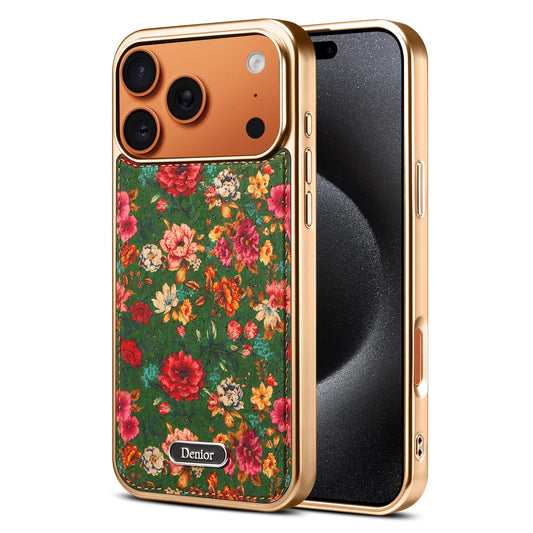 Green vintage floral case with gold-tone frame and orange camera surround, shown with the phone front