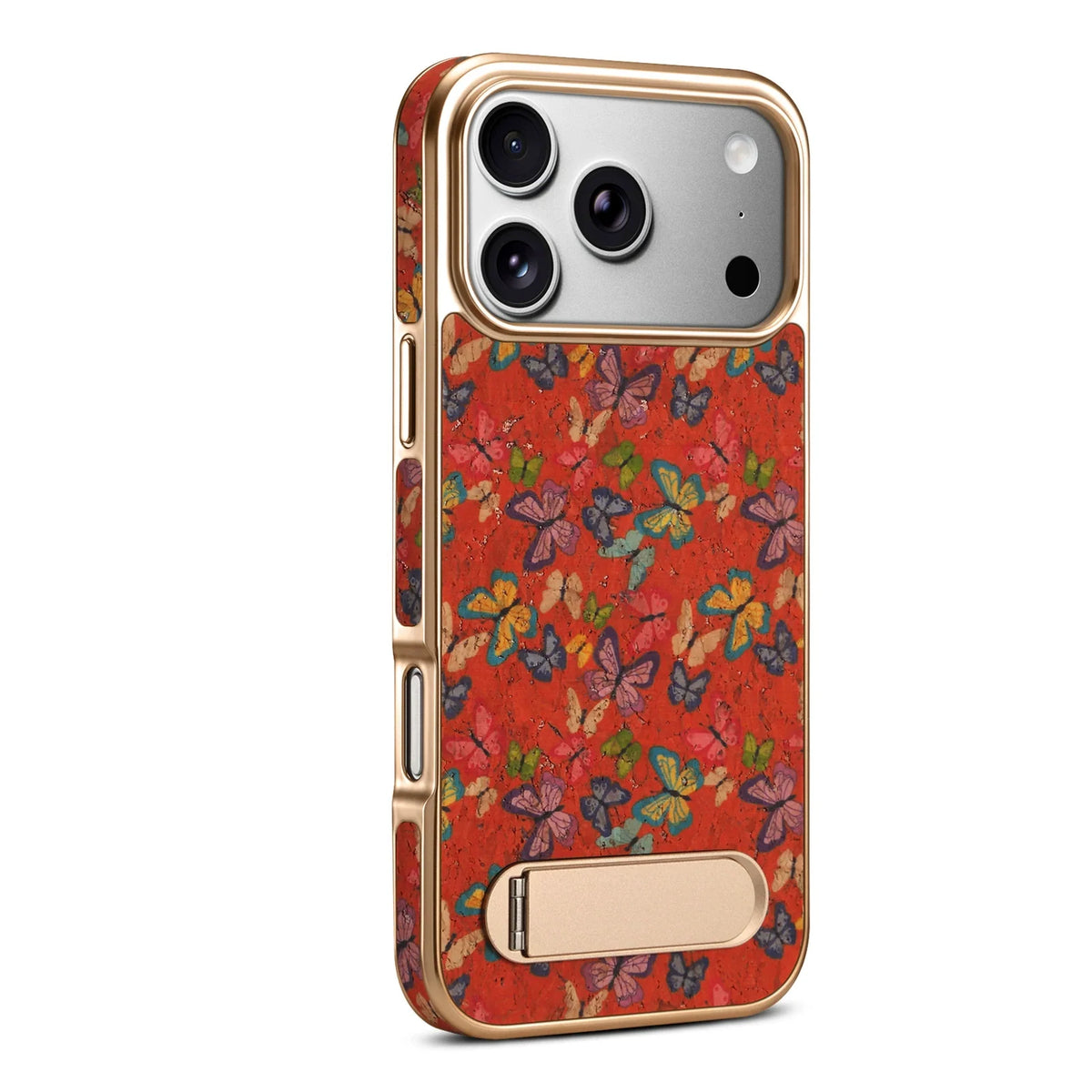 Orange butterfly print case with gold-tone frame and bottom kickstand