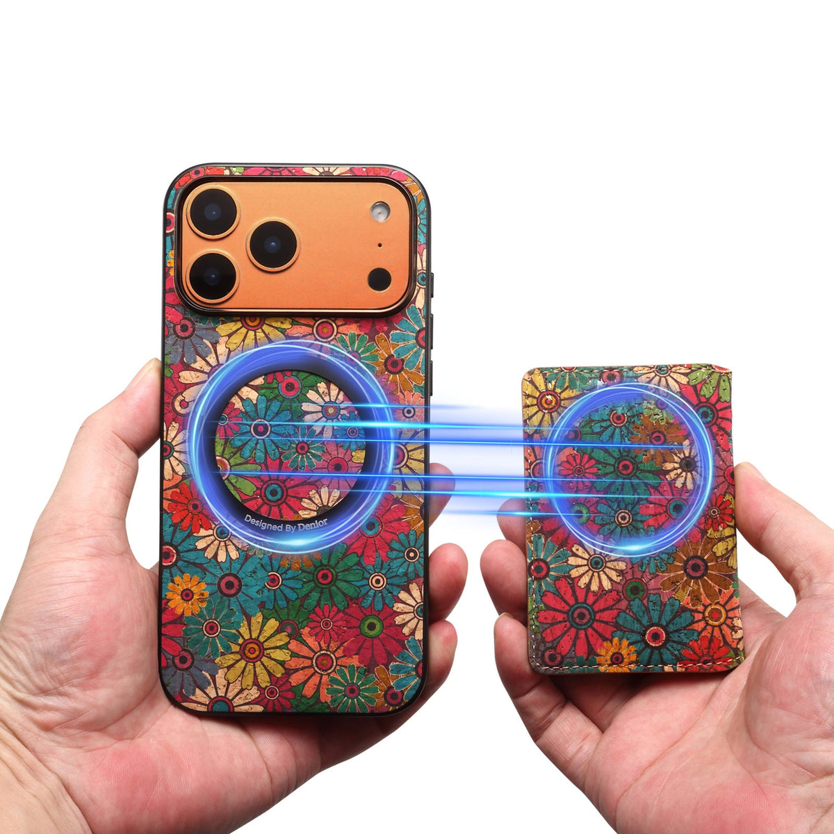 Daisy print case held in one hand with the detachable magnetic card wallet held in the other