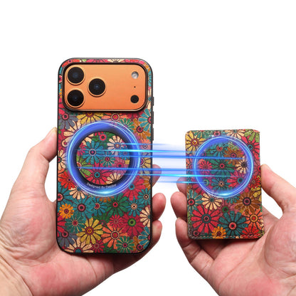 Daisy print case held in one hand with the detachable magnetic card wallet held in the other