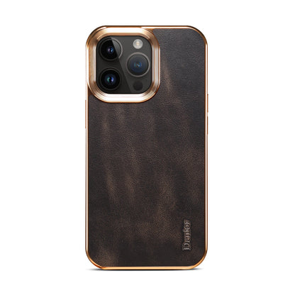 Back view of the black leather-look iPhone case with gold-tone trim and camera surround