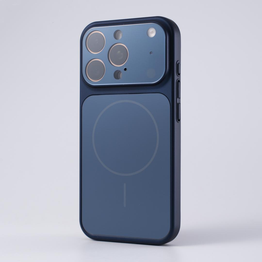 Blue slim matte MagSafe iPhone case standing upright