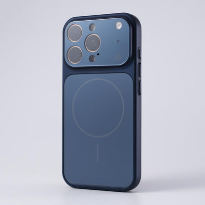 Blue slim matte MagSafe iPhone case standing upright
