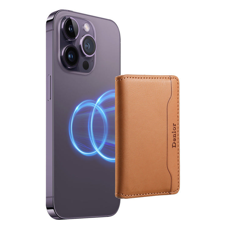 Tan magnetic card holder shown next to the back of a purple iPhone