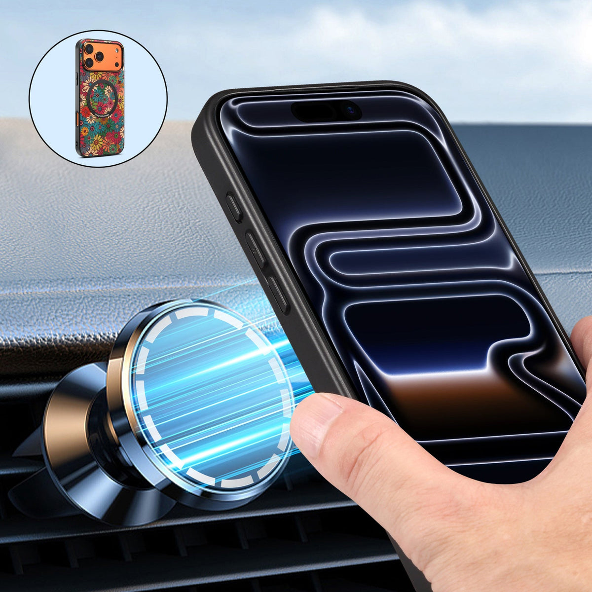 Phone in a floral case mounted on a magnetic car vent holder
