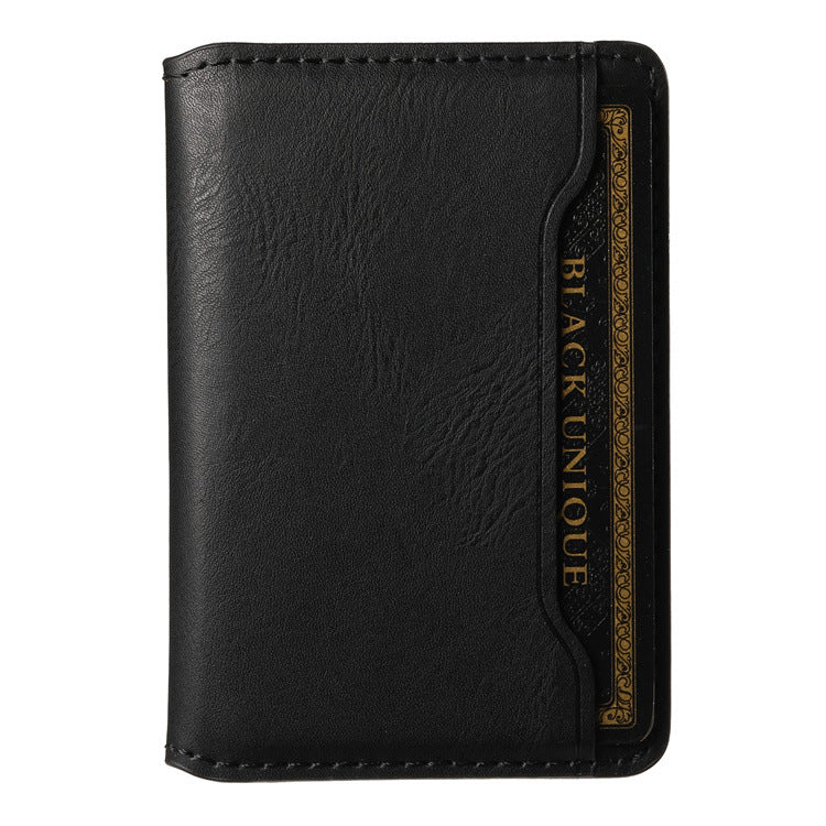 Black leather-look magnetic card holder wallet with stitched edges, front view