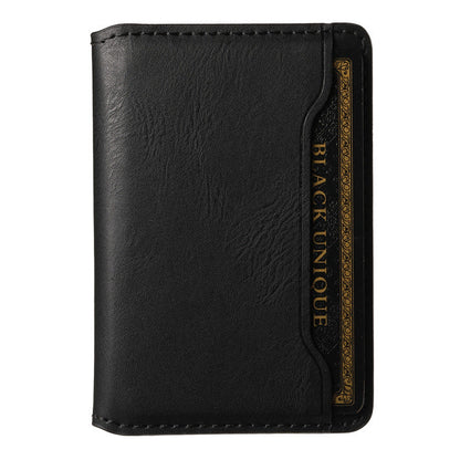 Black leather-look magnetic card holder wallet with stitched edges, front view