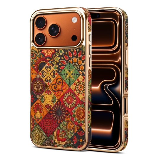 Mosaic patchwork print iPhone 17 Pro Max case with gold-tone frame, back and screen view