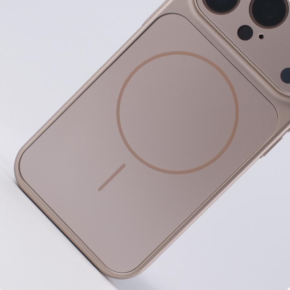 Angled close-up of matte back and MagSafe ring on titanium gold case