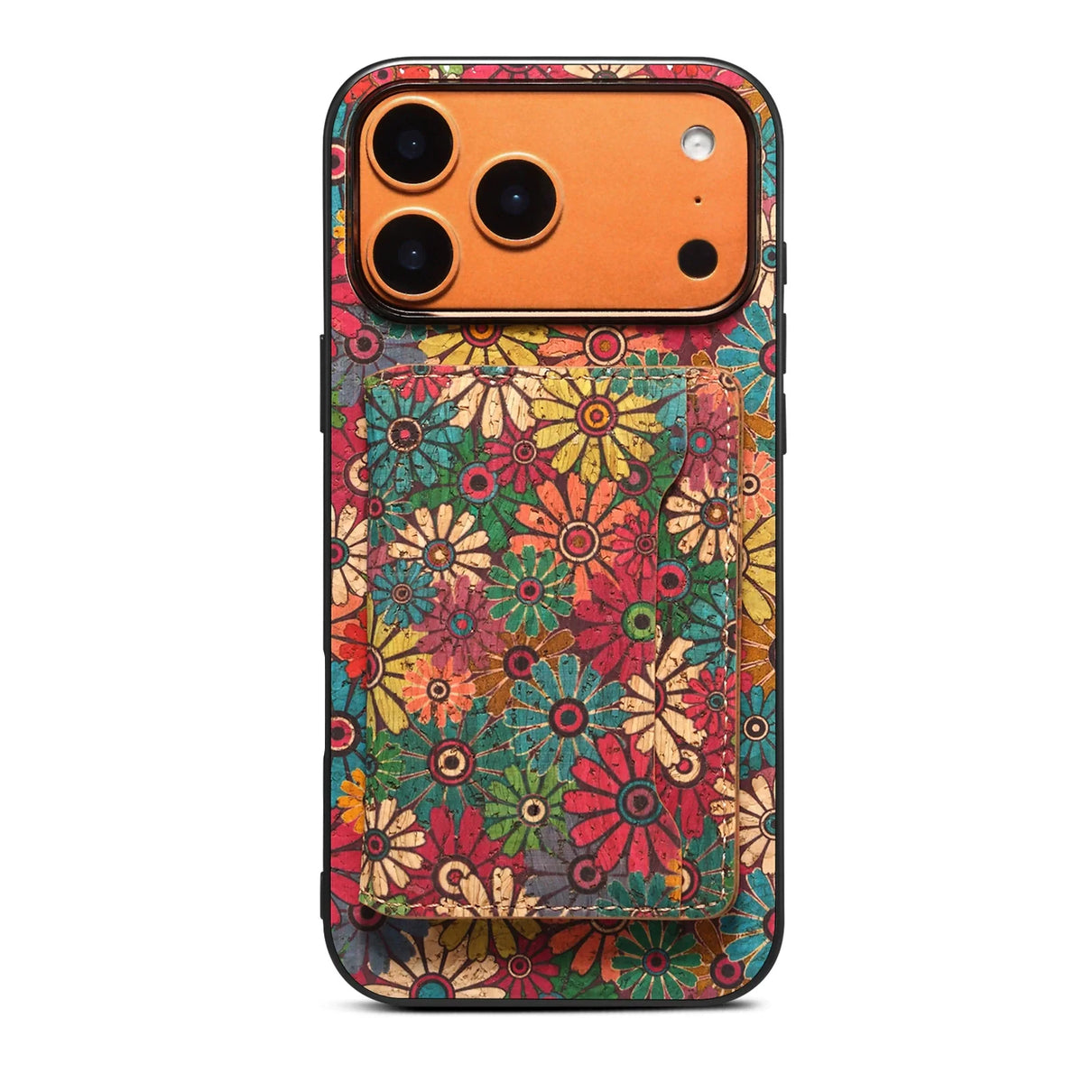 Green retro daisy print iPhone 17 Pro Max case with card wallet attached, back view