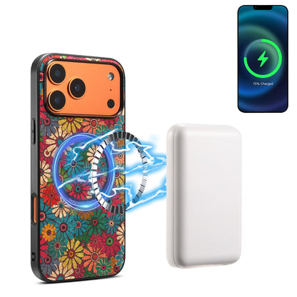 Floral case with the magnetic ring shown next to a power bank