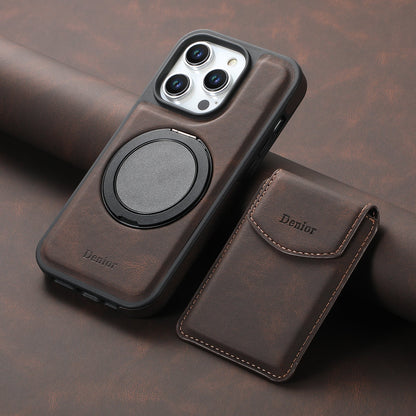 Brown leather-look wallet case with black magnetic ring and matching flap card holder