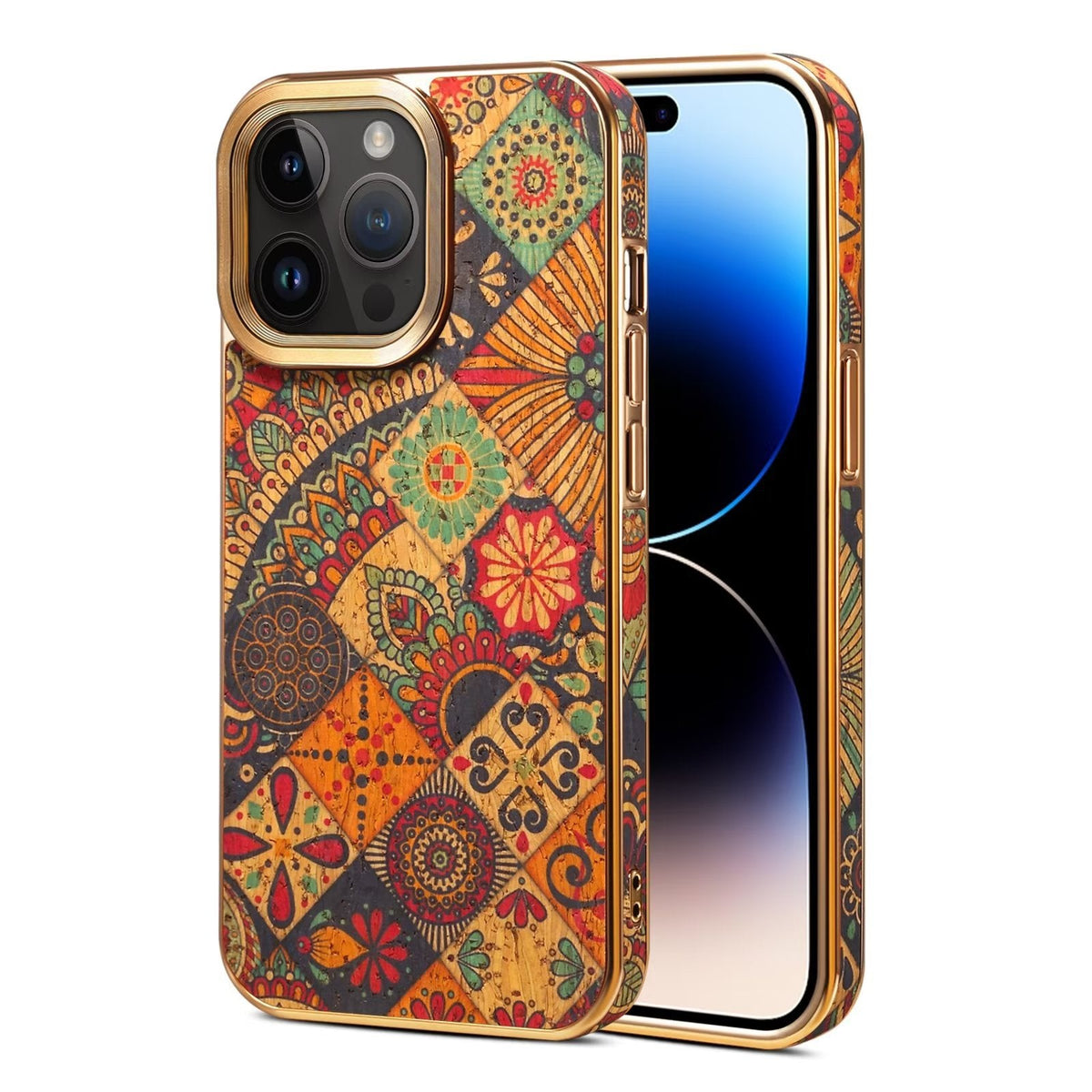 Bohemian patchwork print iPhone 16 Pro Max case with gold-tone edges, back and front view