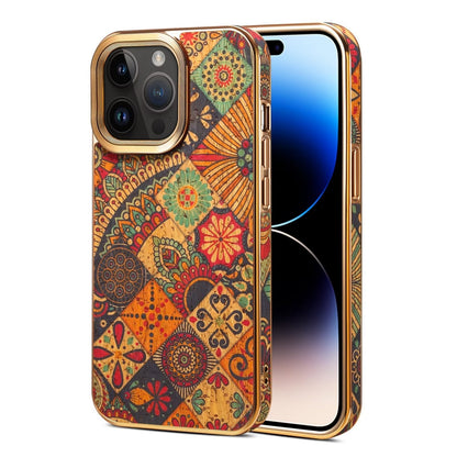 Bohemian patchwork print iPhone 16 Pro Max case with gold-tone edges, back and front view