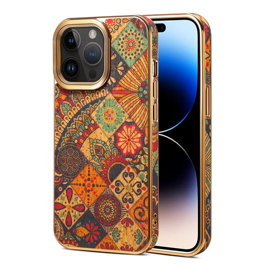 Bohemian patchwork print iPhone 16 Pro Max case with gold-tone edges, back and front view