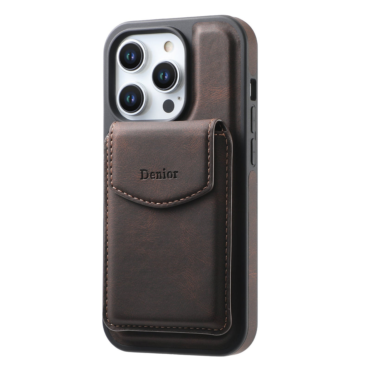 Back view of the brown wallet case with the card holder attached