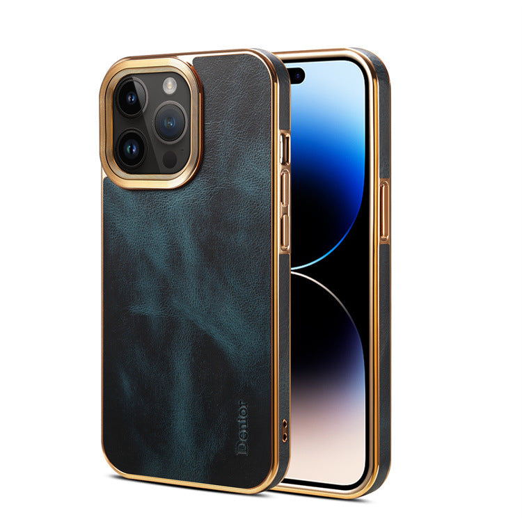 Blue two-tone leather-look iPhone case with gold-tone plated trim, back and screen view