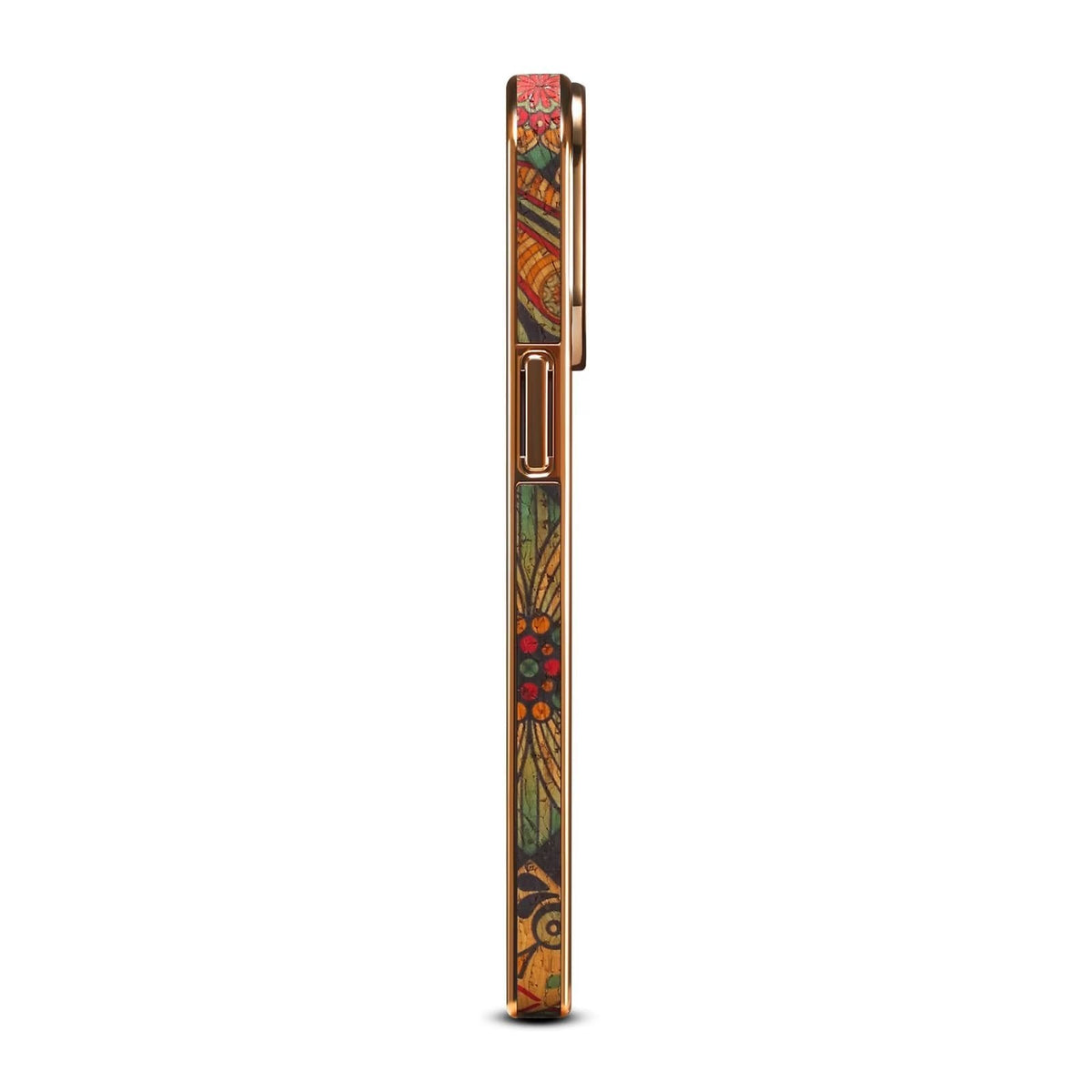 Side profile of the bohemian print iPhone case showing the gold-tone edge