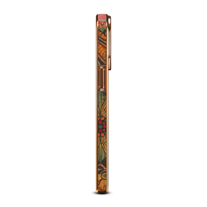 Side profile of the bohemian print iPhone case showing the gold-tone edge