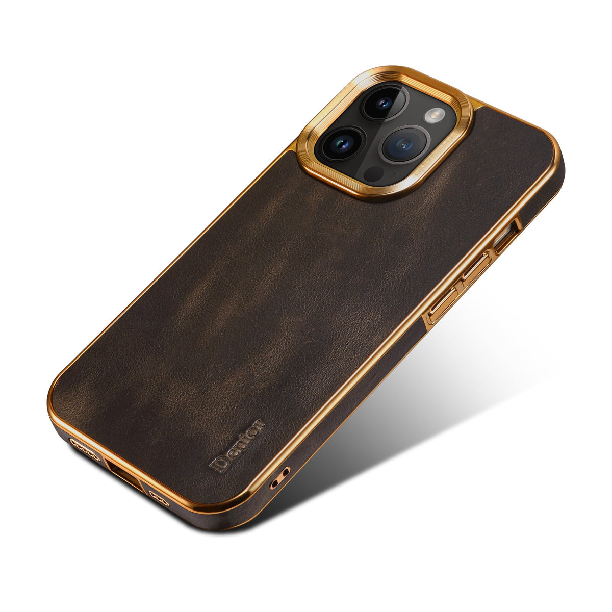 Black vintage leather-look iPhone case seen from an angle, showing the gold-tone side edge