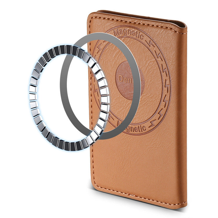 Back of the tan magnetic wallet shown with two metal rings