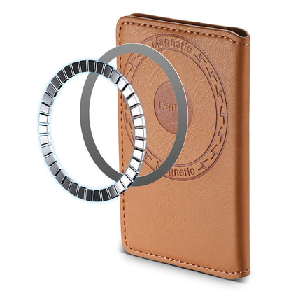 Back of the tan magnetic wallet shown with two metal rings