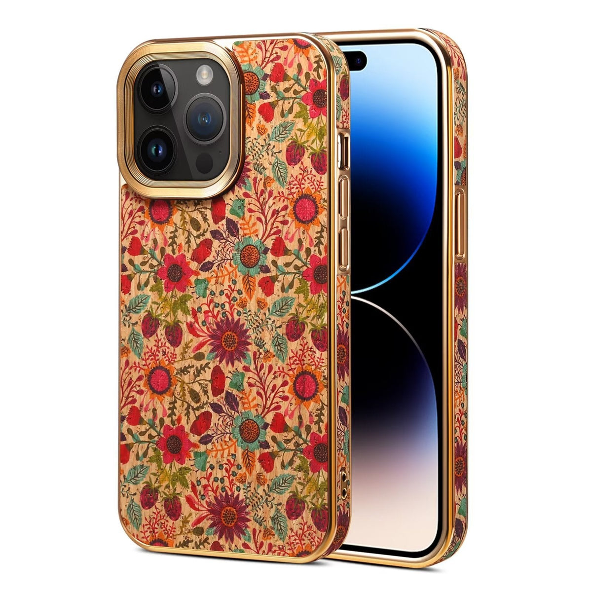 Cream floral print iPhone case with red blossoms and gold-tone trim