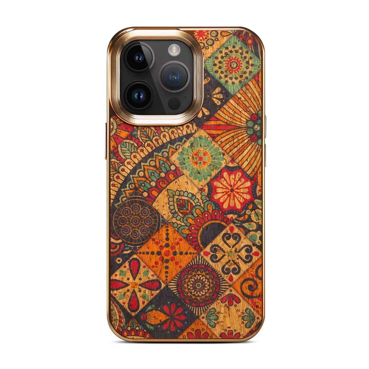 Back view of the bohemian patchwork print case with raised gold-tone camera frame