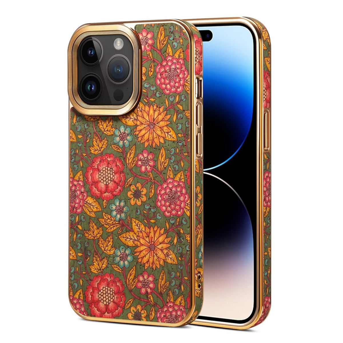 Olive garden floral print iPhone case with gold-tone camera frame