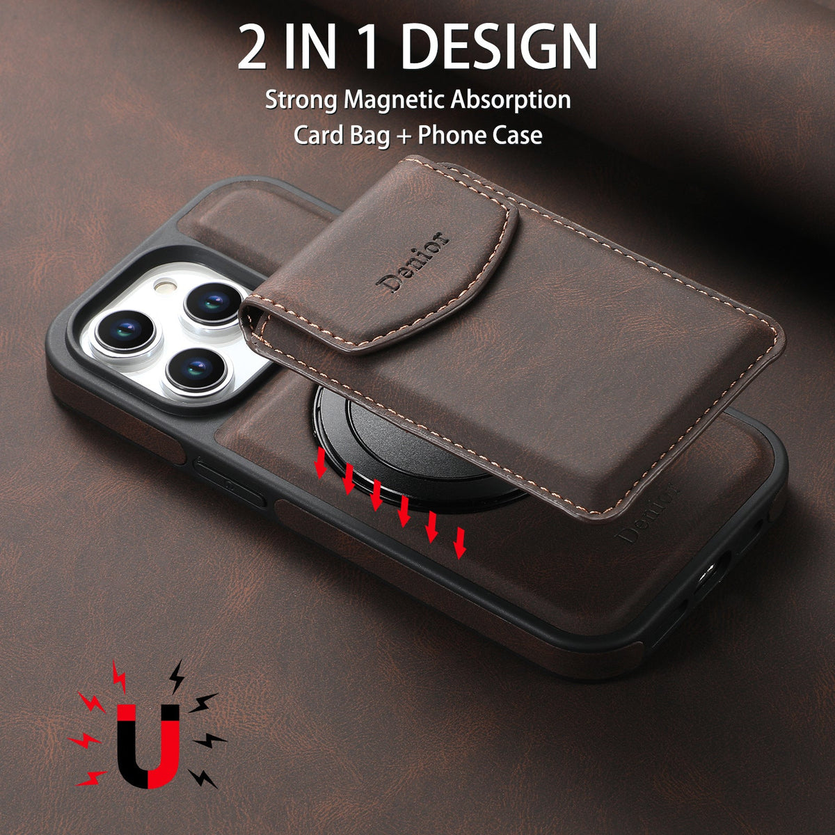 Brown flap card holder attaching magnetically to the back of the wallet case
