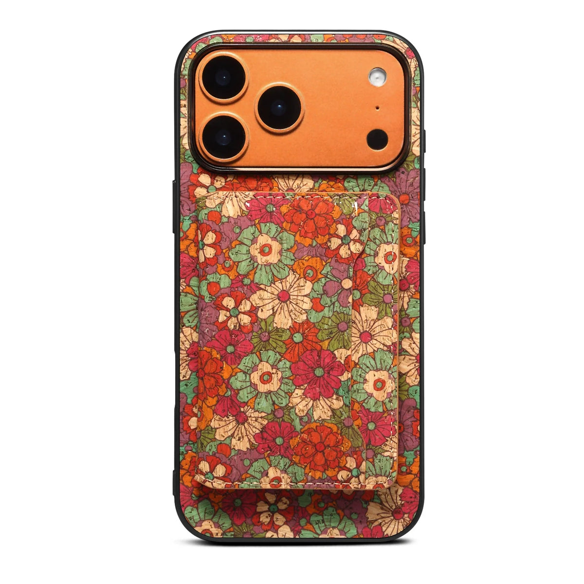 Red retro daisy print iPhone case with magnetic card wallet on the back