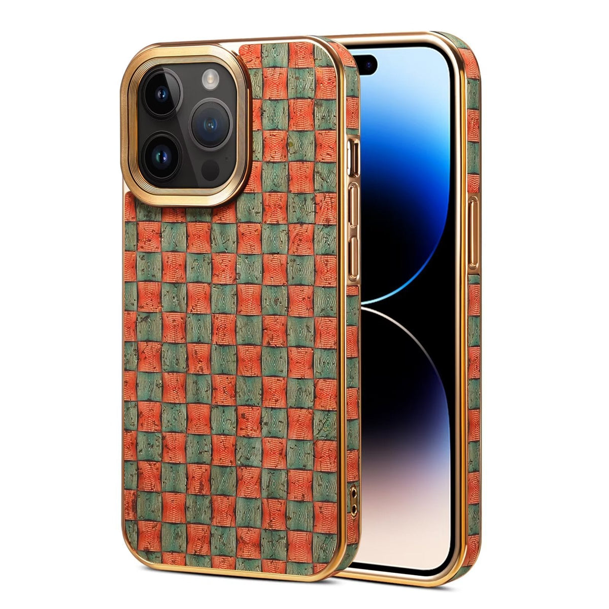 Woven-look check print iPhone case in orange and teal with gold-tone edge
