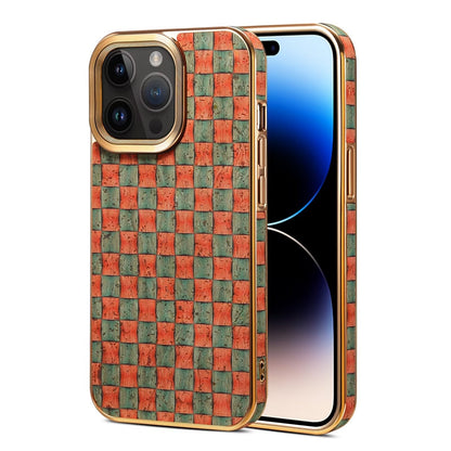 Woven-look check print iPhone case in orange and teal with gold-tone edge