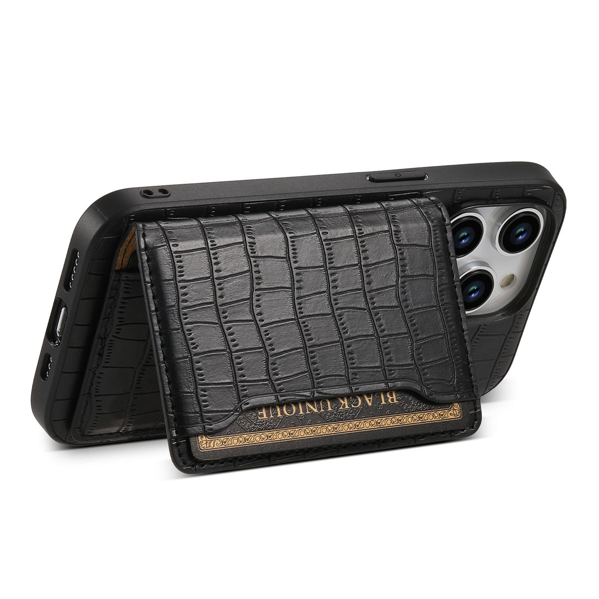 Black crocodile-pattern case with the card flap folded out as a landscape stand