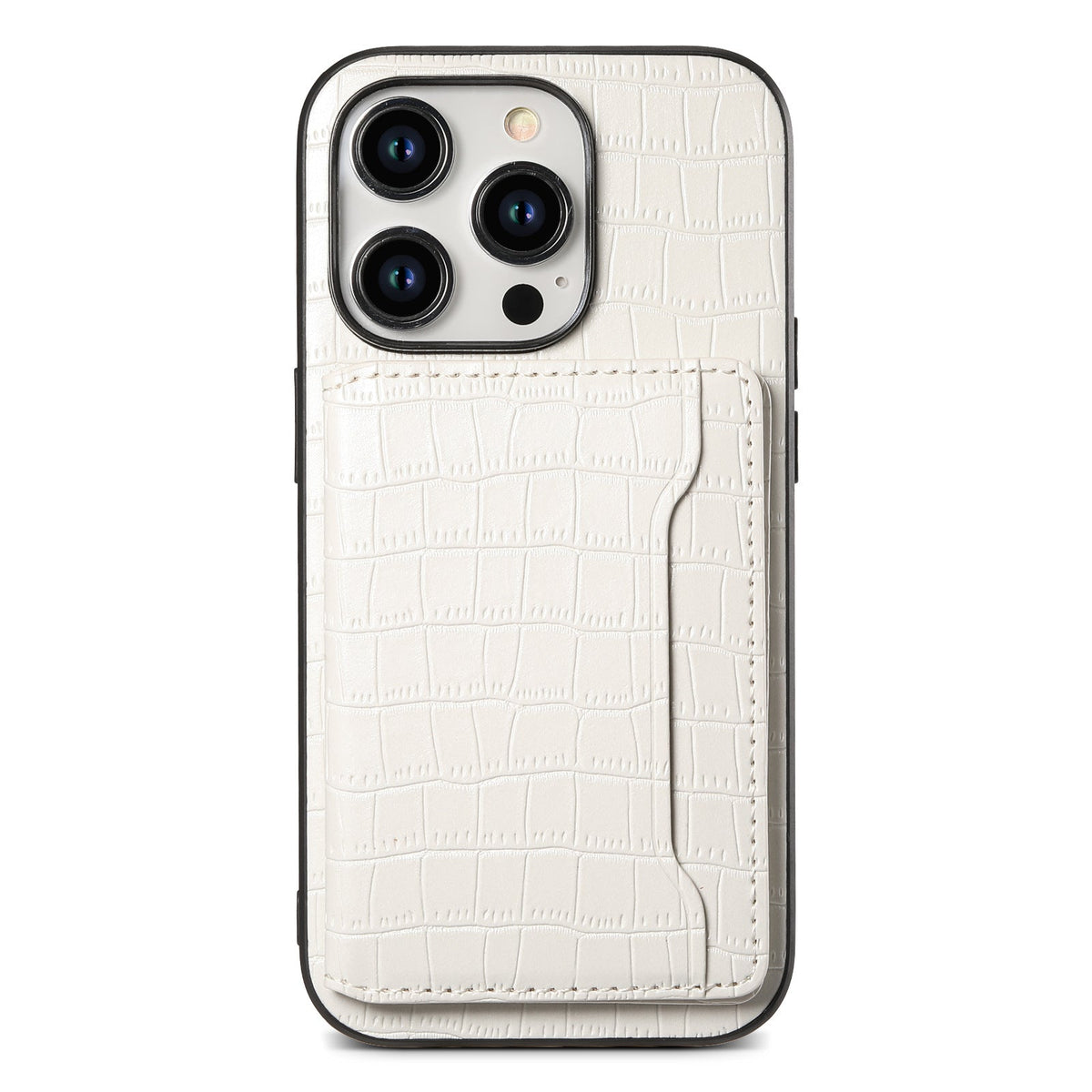 White crocodile-pattern iPhone case with card holder on the back