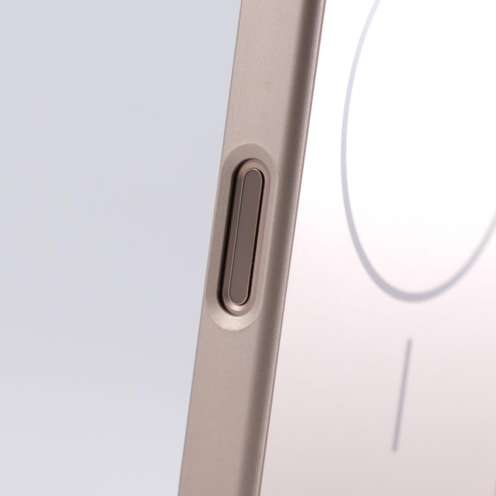 Close-up of side button cutout on slim matte iPhone case