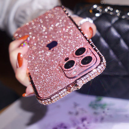 Rose Gold gradient glitter iPhone case with rhinestone bumper held in a hand