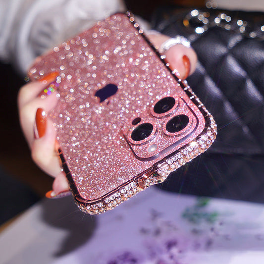 Rose Gold gradient glitter iPhone case with rhinestone bumper held in a hand