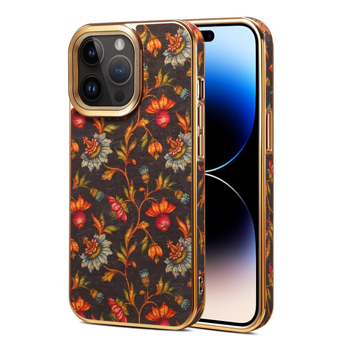 Dark botanical vine print iPhone case with gold-tone plated edge