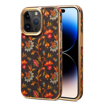 Dark botanical vine print iPhone case with gold-tone plated edge