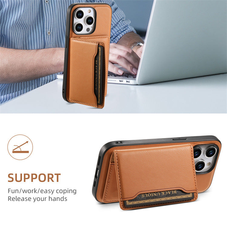 Magnetic wallet on a phone at a desk and folded into a landscape stand